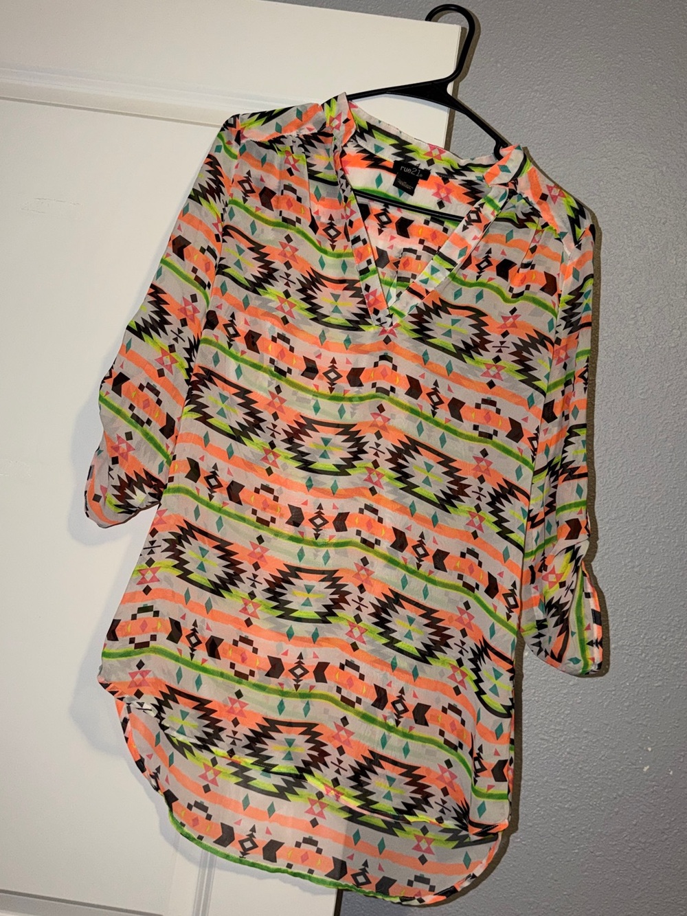 Windsor Neon Aztec V-Neck Tunic - Coral, Lime & Black